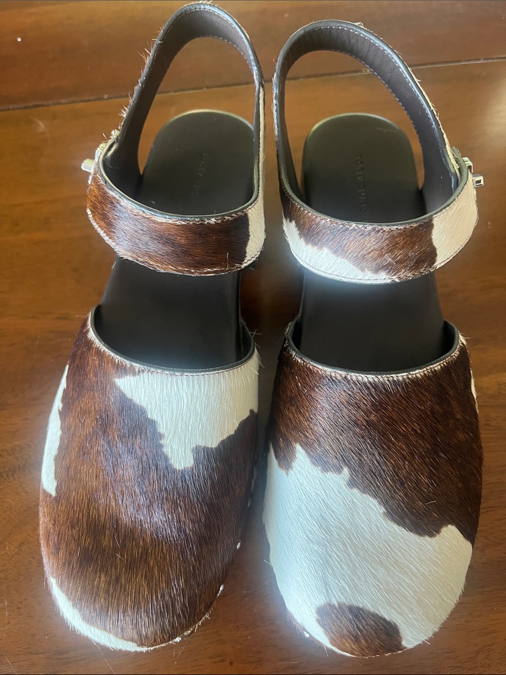 Tory Burch Brown & White Cowhide Slingback Clogs